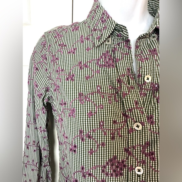 Anthro ODILLE Embroidered Eyelet ButtonDown Shirt Top Blouse Green Purple White - Picture 5 of 12
